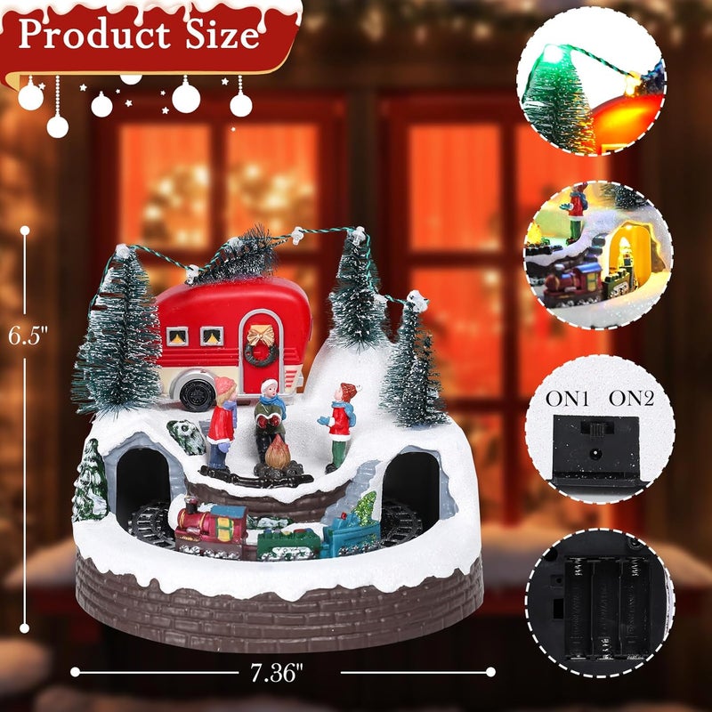 CHONSUN Christmas Village House Musical Christmas Collectible Buildings Camper Bonfire Train Rotation with LED Lights Vacation Village with USB Indoor Figurines Indoor Tabletop Decoration Xmas Decor - Image 3